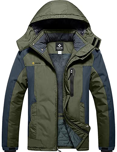 GEMYSE Herren Winterjacke Warme mit Kapuze Wasserdicht Skijacke Winddichte Atmungsaktiv Mehrere Taschen,Armeegrün Dunkelgrau,L von GEMYSE