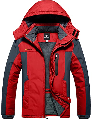 GEMYSE Herren Winterjacke Warme mit Kapuze Wasserdicht Skijacke Winddichte Atmungsaktiv Mehrere Taschen,Rot dunkelgrau,XL von GEMYSE