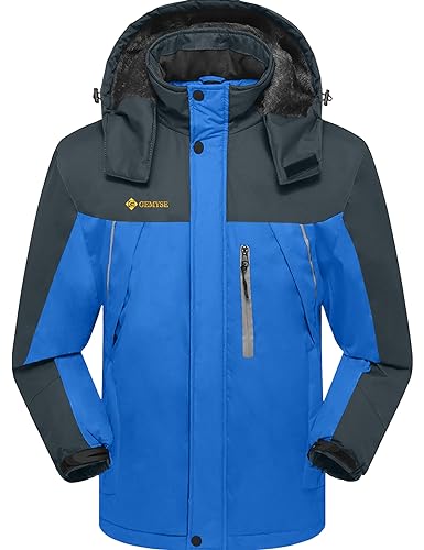 GEMYSE Herren Wasserdichte Berg-Skijacke Winddichte Fleece Outdoor-Winterjacke mit Kapuze (Blaue Grau,XL) von GEMYSE