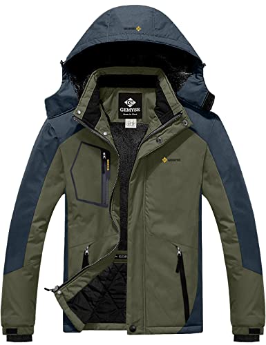 GEMYSE Herren wasserdichte Skijacke Winddichte Fleece Outdoor-Winterjacke mit Kapuze (Armeegrün Grau 02,2XL) von GEMYSE