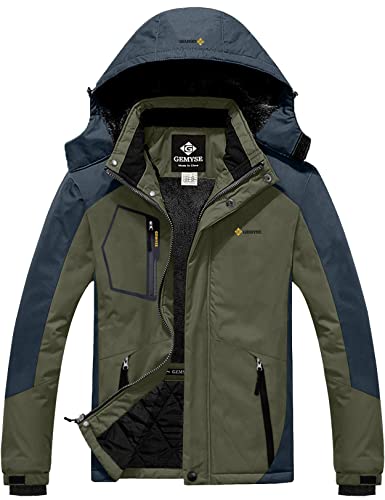 GEMYSE Herren wasserdichte Skijacke Winddichte Fleece Outdoor-Winterjacke mit Kapuze (Armeegrün Grau 02,L) von GEMYSE