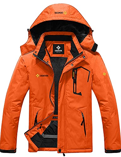 GEMYSE Herren Wasserdichte Berg-Skijacke Winddichte Fleece Outdoor-Winterjacke mit Kapuze (Orange,L) von GEMYSE