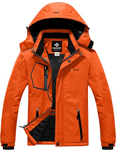 GEMYSE Herren wasserdichte Skijacke Winddichte Fleece Outdoor-Winterjacke mit Kapuze (Orange 02,L) von GEMYSE