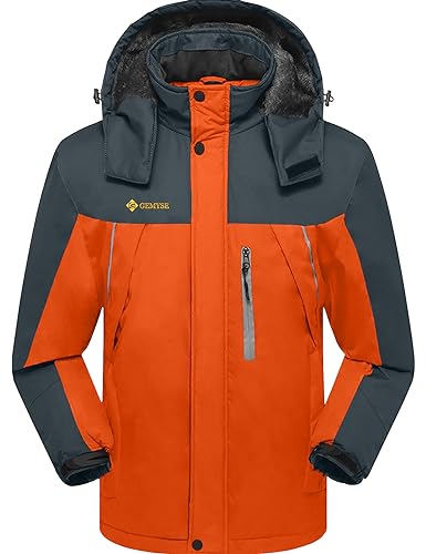 GEMYSE Herren wasserdichte Berg-Skijacke Winddichte Fleece Outdoor-Winterjacke mit Kapuze (Orange Grau 01,L) von GEMYSE