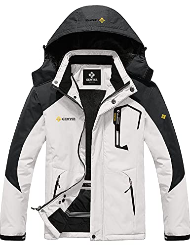 GEMYSE Herren wasserdichte Berg-Skijacke Winddichte Fleece Outdoor-Winterjacke mit Kapuze (Weiß Dunkelgrau,XL) von GEMYSE