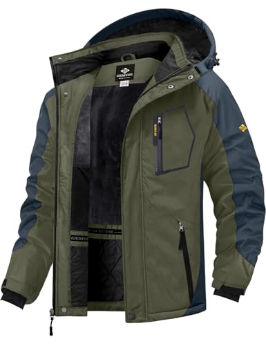 GEMYSE Herren wasserdichte Skijacke Winddichte Fleece Outdoor-Winterjacke mit Kapuze (Armee grün grau 02,S) von GEMYSE