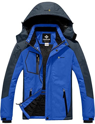 GEMYSE Herren wasserdichte Skijacke Winddichte Fleece Outdoor-Winterjacke mit Kapuze (Himmelblau Grau,XL) von GEMYSE