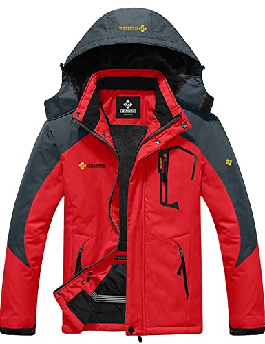 GEMYSE Herren Wasserdichte Berg-Skijacke Winddichte Fleece Outdoor-Winterjacke mit Kapuze (Rotgrau,L) von GEMYSE