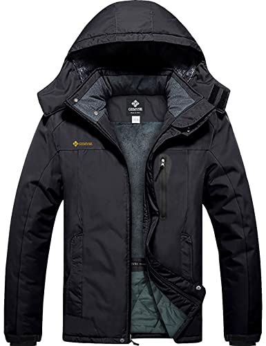 GEMYSE Herren wasserdichte Berg-Skijacke Winddichte Fleece Outdoor-Winterjacke mit Kapuze (Pures Schwarz,XL) von GEMYSE