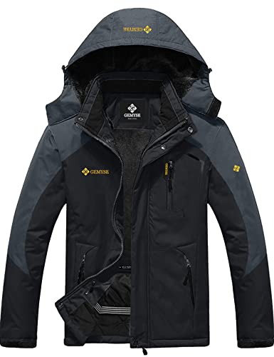 GEMYSE Herren Wasserdichte Berg-Skijacke Winddichte Fleece Outdoor-Winterjacke mit Kapuze (Schwarzgrau,XL) von GEMYSE