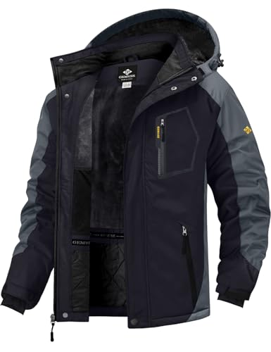 GEMYSE Herren wasserdichte Skijacke Winddichte Fleece Outdoor-Winterjacke mit Kapuze (Schwarzgrau,L) von GEMYSE