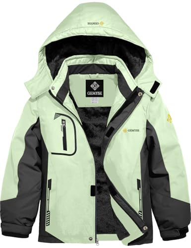 GEMYSE Jungen Skijacke Wasserdichte Winddichte Winterjacke Warm Gefütterte Kinder Schneejacke mit Kapuze für Outdoor(Aquagrün Und Schwarz,152-158) von GEMYSE