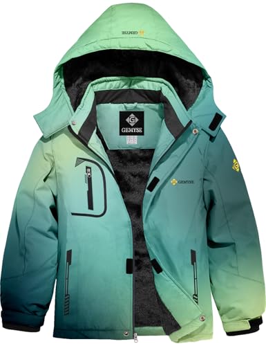 GEMYSE Jungen Skijacke Wasserdichte Winddichte Winterjacke Warm Gefütterte Kinder Schneejacke mit Kapuze für Outdoor(Grüner Farbverlauf,140-146) von GEMYSE
