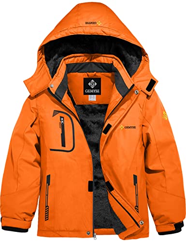 GEMYSE Jungen Skijacke Wasserdichte Winddichte Winterjacke Warm Gefütterte Kinder Schneejacke mit Kapuze für Outdoor(Orange,152-158) von GEMYSE