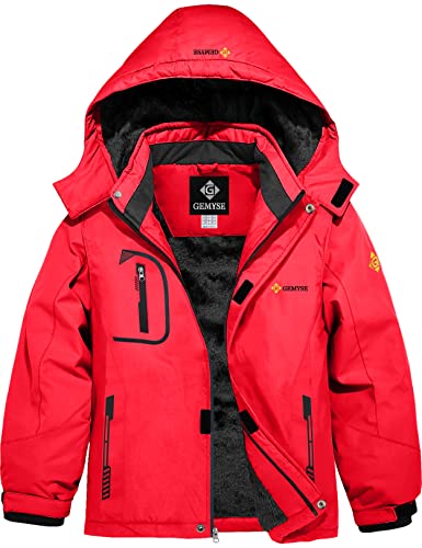 GEMYSE Jungen Skijacke Wasserdichte Winddichte Winterjacke Warm Gefütterte Kinder Schneejacke mit Kapuze für Outdoor(Rot,160-168) von GEMYSE