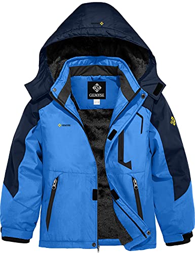 GEMYSE Jungen Skijacke Wasserdichte Winterjacke Warm Gefütterte Kinder Winddichte Schneejacke mit Kapuze für Aktivitäten im Freien(Himmelblau Navy,128-134) von GEMYSE