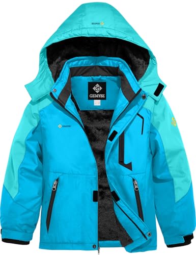 GEMYSE Jungen Skijacke Wasserdichte Winterjacke Warm Gefütterte Kinder Winddichte Schneejacke mit Kapuze für Aktivitäten im Freien(Pfauenblau Mit Hellblau,116-122) von GEMYSE