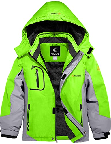 GEMYSE Jungen Skijacke Wasserdichte Winddichte Winterjacke Warm Gefütterte Kinder Schneejacke mit Kapuze für Outdoor(Grün Hellgrau,152-158) von GEMYSE