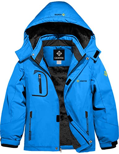 GEMYSE Jungen Skijacke Winter Wasserdicht Winddicht mit Kapuze Outdoor Regenjacke Fleecejacke (Himmelblau,140-146) von GEMYSE