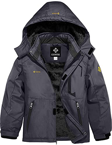 GEMYSE Jungen Skijacke Wasserdichte Winterjacke Warm Gefütterte Kinder Winddichte Schneejacke mit Kapuze für Aktivitäten im Freien(Eisen Grau 01,128-134) von GEMYSE