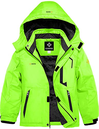 GEMYSE Jungen Skijacke Wasserdichte Winterjacke Warm Gefütterte Kinder Winddichte Schneejacke mit Kapuze für Aktivitäten im Freien(Leuchtend Grün 01,152-158) von GEMYSE