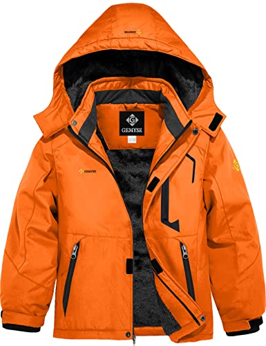 GEMYSE Jungen Skijacke Wasserdichte Winterjacke Warm Gefütterte Kinder Winddichte Schneejacke mit Kapuze für Aktivitäten im Freien(Orange,152-158) von GEMYSE