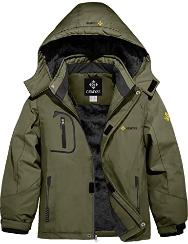 GEMYSE Jungen Wasserdichte Skijacke Winddichte Fleece Outdoor Winterjacke Regenjacke mit Kapuze (Armeegrün,140-146) von GEMYSE