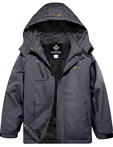 GEMYSE Jungen Wasserdichte Skijacke Winddichte Fleece Outdoor Winterjacke Regenjacke mit Kapuze (Eisen Grau,116-122) von GEMYSE