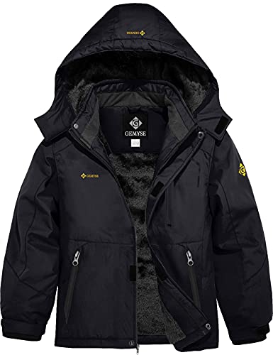 GEMYSE Jungen wasserdichte Skijacke Winddichte Fleece Outdoor Winterjacke Regenjacke mit Kapuze (Schwarz,152-158) von GEMYSE