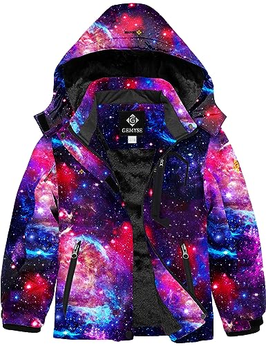GEMYSE Mädchen Skijacke Wasserdichte Winterjacke Mit Warmer Fütterung Winddichter Schneeanzug Warm mit Kapuze für Outdoor(Marineblauer Sternenhimmel,128-134) von GEMYSE