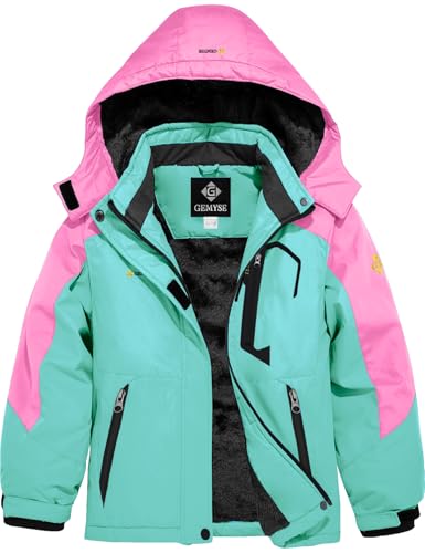 GEMYSE Mädchen Skijacke Wasserdichte Winterjacke Mit Warmer Fütterung Winddichter Schneeanzug Warm mit Kapuze für Outdoor(Tansanitblau Mit Leuchtendem Rosa,140-146) von GEMYSE