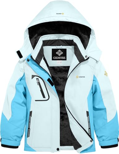 GEMYSE Mädchen Skijacke wasserdicht Winterjacke winddicht Fleece Schneeanzug warm mit Kapuze für Outdoor(Aquablau Mit Juwelenblau,152-158) von GEMYSE