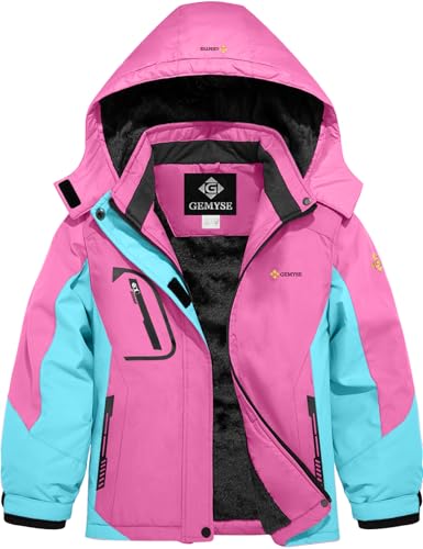 GEMYSE Mädchen Skijacke wasserdicht Winterjacke winddicht Fleece Schneeanzug warm mit Kapuze für Outdoor(Leuchtendes Pink Mit Juwelenblau,152-158) von GEMYSE