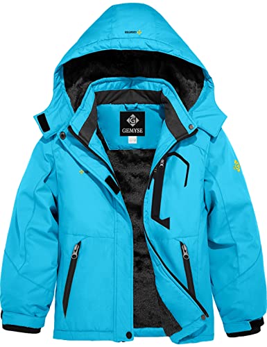 GEMYSE Mädchen Wasserdichte Skijacke Winddichte Fleece Outdoor Winterjacke Regenjacke mit Kapuze (Hellblau,140-146) von GEMYSE
