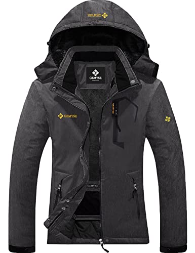 GEMYSE Damen Wasserdichte Berg-Skijacke Winddichte Fleece Outdoor-Winterjacke mit Kapuze (Graphitgrau,2XL) von GEMYSE