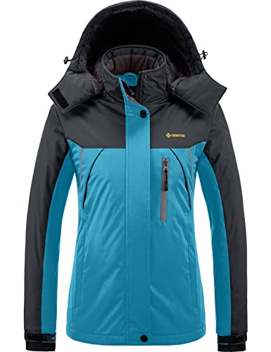 GEMYSE Damen Wasserdichte Berg-Skijacke Winddichte Fleece Outdoor-Winterjacke mit Kapuze (Hellblau Grau,M) von GEMYSE