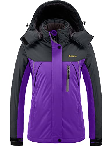 GEMYSE Damen wasserdichte Berg-Skijacke Winddichte Fleece Outdoor-Winterjacke mit Kapuze (Lila Grau,XL) von GEMYSE