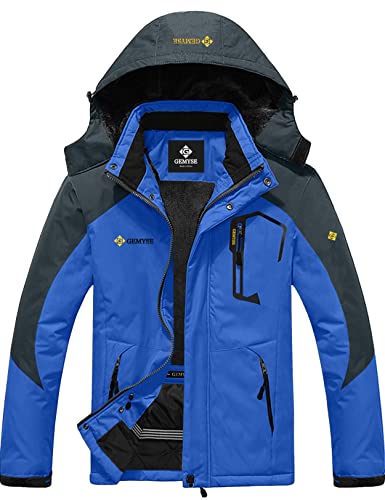 GEMYSE Herren Wasserdichte Berg-Skijacke Winddichte Fleece Outdoor-Winterjacke mit Kapuze (Blaue Grau,2XL) von GEMYSE