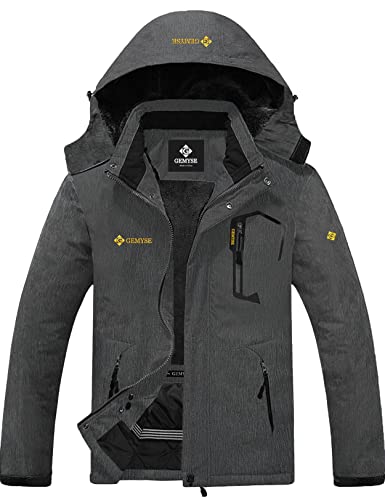 GEMYSE Herren Wasserdichte Berg-Skijacke Winddichte Fleece Outdoor-Winterjacke mit Kapuze (Graphitgrau,2XL) von GEMYSE