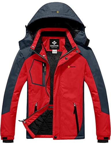 GEMYSE Herren wasserdichte Skijacke Winddichte Fleece Outdoor-Winterjacke mit Kapuze (Rotgrau,S) von GEMYSE