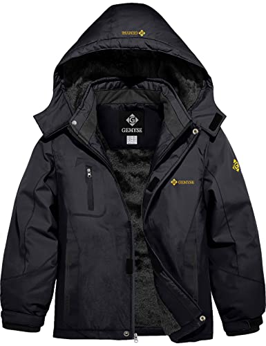 GEMYSE Jungen Wasserdichte Skijacke Winddichte Fleece Outdoor Winterjacke Regenjacke mit Kapuze (Schwarz,6/7) von GEMYSE