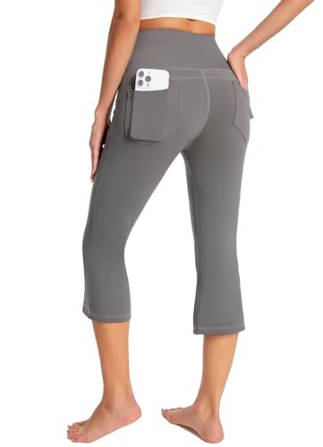 GEMZIX Damen Kühlende Bootcut Capri Leggings 3/4 Sommer Butterweiche High Waist Stretch Flared Yogahose Leicht Blickdicht Schlaghose Arbeitshose mit Taschen Jeggings für Gym Alltag, Grau, M von GEMZIX