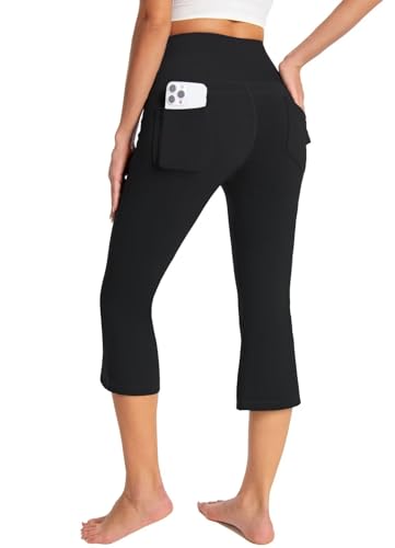 GEMZIX Damen Kühlende Bootcut Capri Leggings 3/4 Sommer Butterweiche High Waist Stretch Flared Yogahose Leicht Blickdicht Schlaghose Arbeitshose mit Taschen Jeggings für Gym Alltag, Schwarz, L von GEMZIX