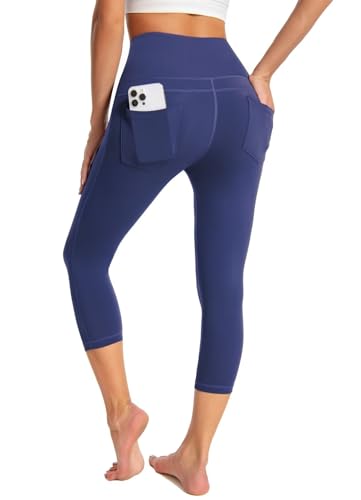 GEMZIX Damen Kühlende Capri Leggings 3/4 Sommer Butterweiche High Waist Stretch Sport Leggings Leicht Blickdicht Wanderhose Yogahose mit Taschen Jeggings für Gym Radfahren Fitness, Blau, L von GEMZIX