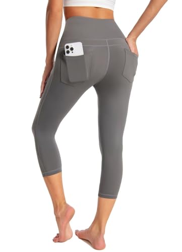 GEMZIX Damen Kühlende Capri Leggings 3/4 Sommer Butterweiche High Waist Stretch Sport Leggings Leicht Blickdicht Wanderhose Yogahose mit Taschen Jeggings für Gym Radfahren Fitness, Grau, M von GEMZIX