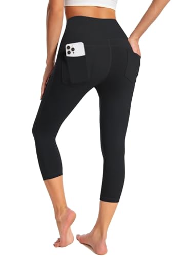 GEMZIX Damen Kühlende Capri Leggings 3/4 Sommer Butterweiche High Waist Stretch Sport Leggings Leicht Blickdicht Wanderhose Yogahose mit Taschen Jeggings für Gym Radfahren Fitness, Schwarz, L von GEMZIX