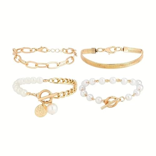 GEN:ZAI 4pcs Gold-Ton Armband Set mit Kunstperlen Akzente Vintage Charm Knebelverschluss Damen Modeschmuck für Party Hochzeit Urlaub, Einheitsgröße, Legierung, Kunstperlen, Kein edelstein GEN:ZAI 4pcs Gold-Ton Armband Set mit Kunstperlen Akzente Vintage Charm Knebelverschluss Damen Modeschmuck für Party Hochzeit Urlaub, Einheitsgröße, Legierung, Kunstperlen, Kein edelstein von GEN:ZAI