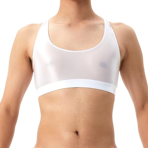 GENEMEN Glänzende Herren Crop Top Sport BHS Y Back Workout Tank Top Unterhemd Ärmellose Weste Sexy Sheer Shirt (Weiß, L) von GENEMEN