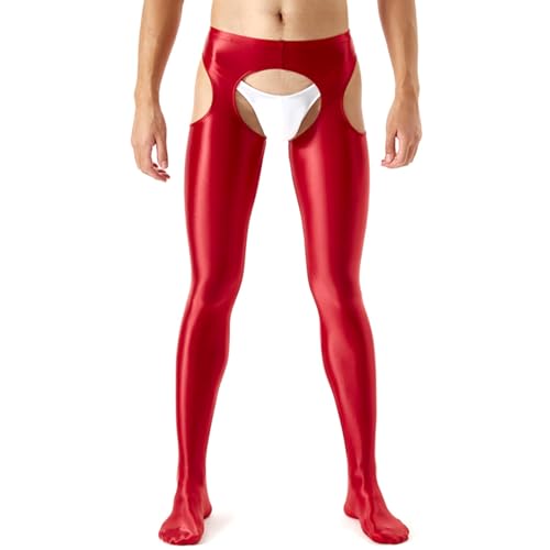 GENEMEN Glänzende Herren Strumpfhosen Crotchless Tights Pants Sissy Unterwäsche Crotchless Sheer Leggings (Rot, M) von GENEMEN