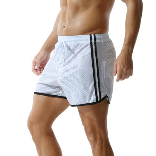 GENEMEN Herren Mesh Boxershorts Atmungsaktive Sportshorts Seitliche Gestreifte Hose Kordelzug Shorts (Weiß, XXL) von GENEMEN